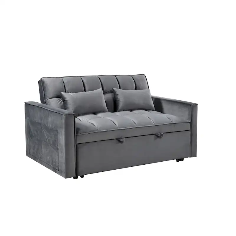 Modern Velvet Loveseat Futon Sofa Couch Pullout Bed, Small Love Seat Lounge Sofa w/Reclining Backrest, Toss Pillows, Pockets