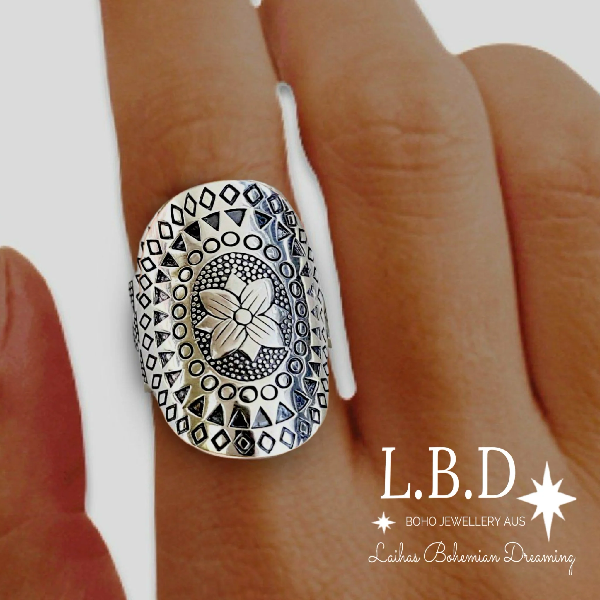 Laihas Boho Floral Shield Sterling Silver Ring