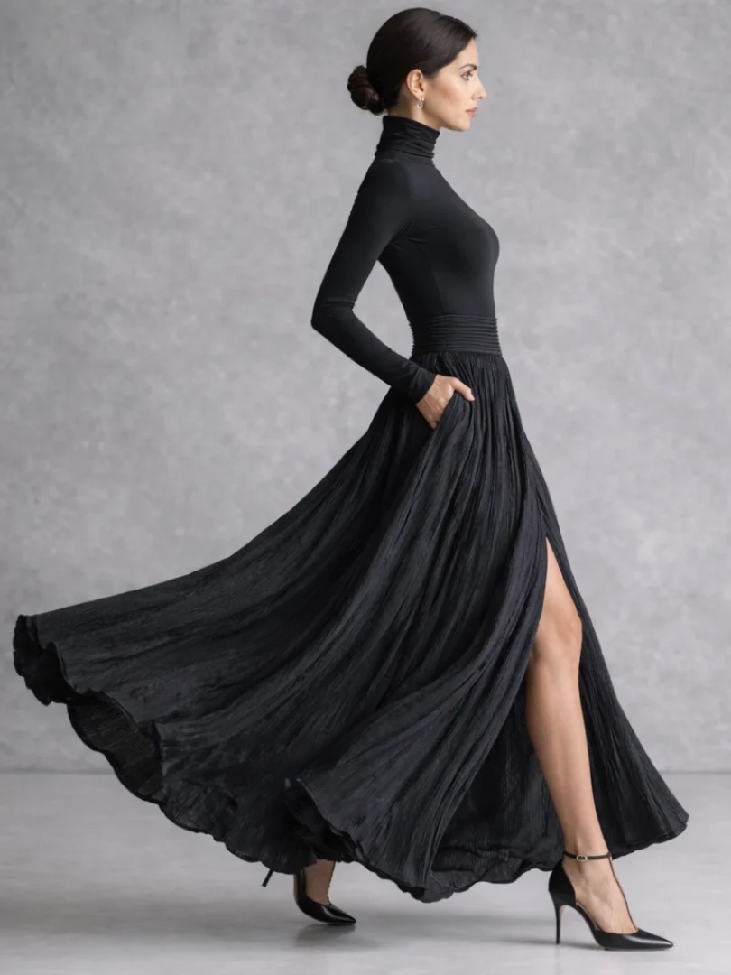 Women��s Black Maxi Dress Pleated Skirt Turtleneck Style