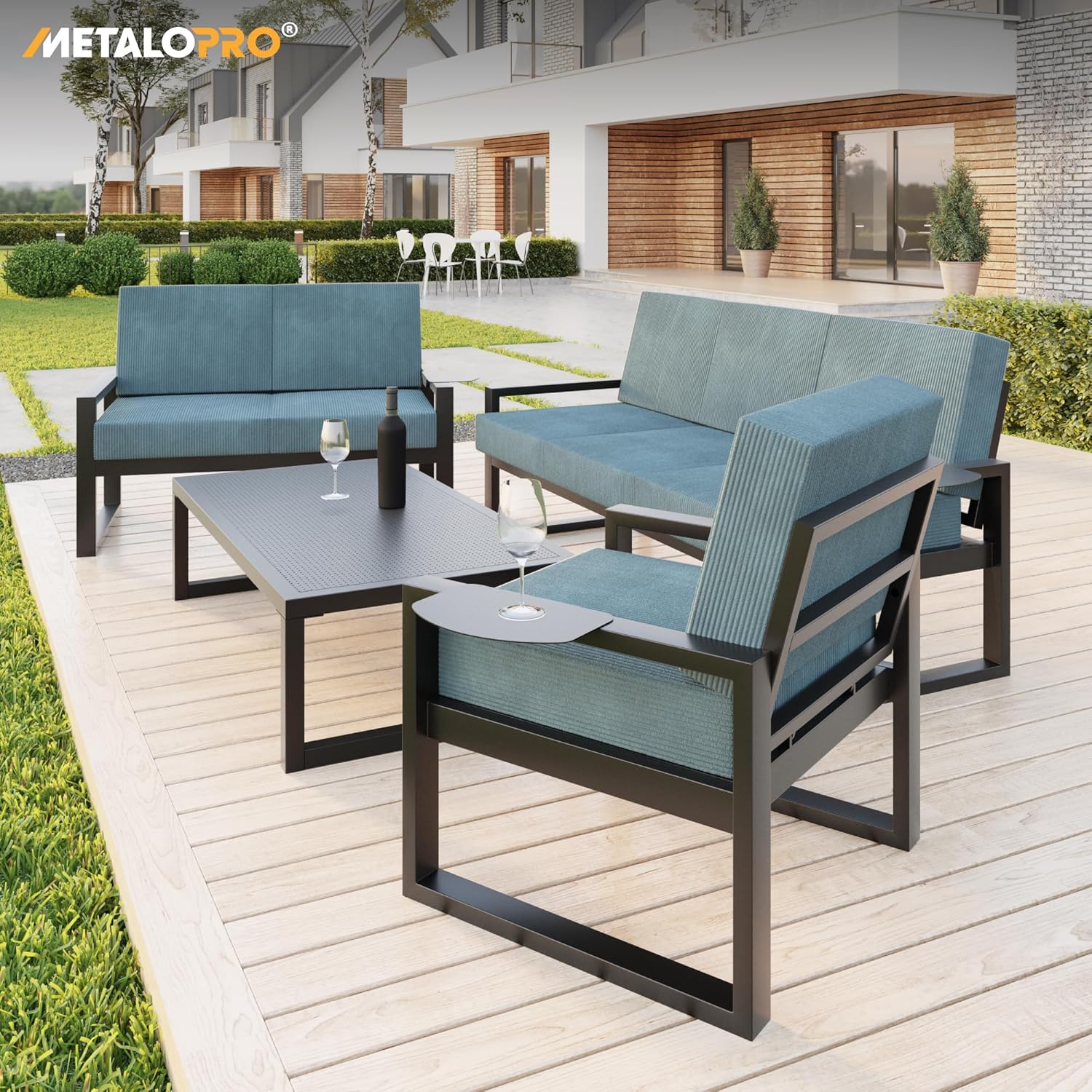 Gartensofa, 1x Dreisitzer, Metallrahmen mit Cordstoff Kissen, Terrassensofa, Outdoor Sofa, für Terrasse, Balkon, Garten, Ozeantiefe