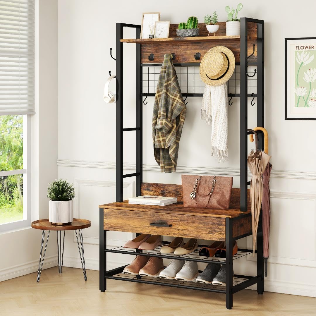 Recaceik Hall Tree with Bench and Shoe Storage, Entryway Coat Rack with Shoe Bench, Industrial Hall Tree with Drawers and 12 Hooks for Bedroom, Living Room
