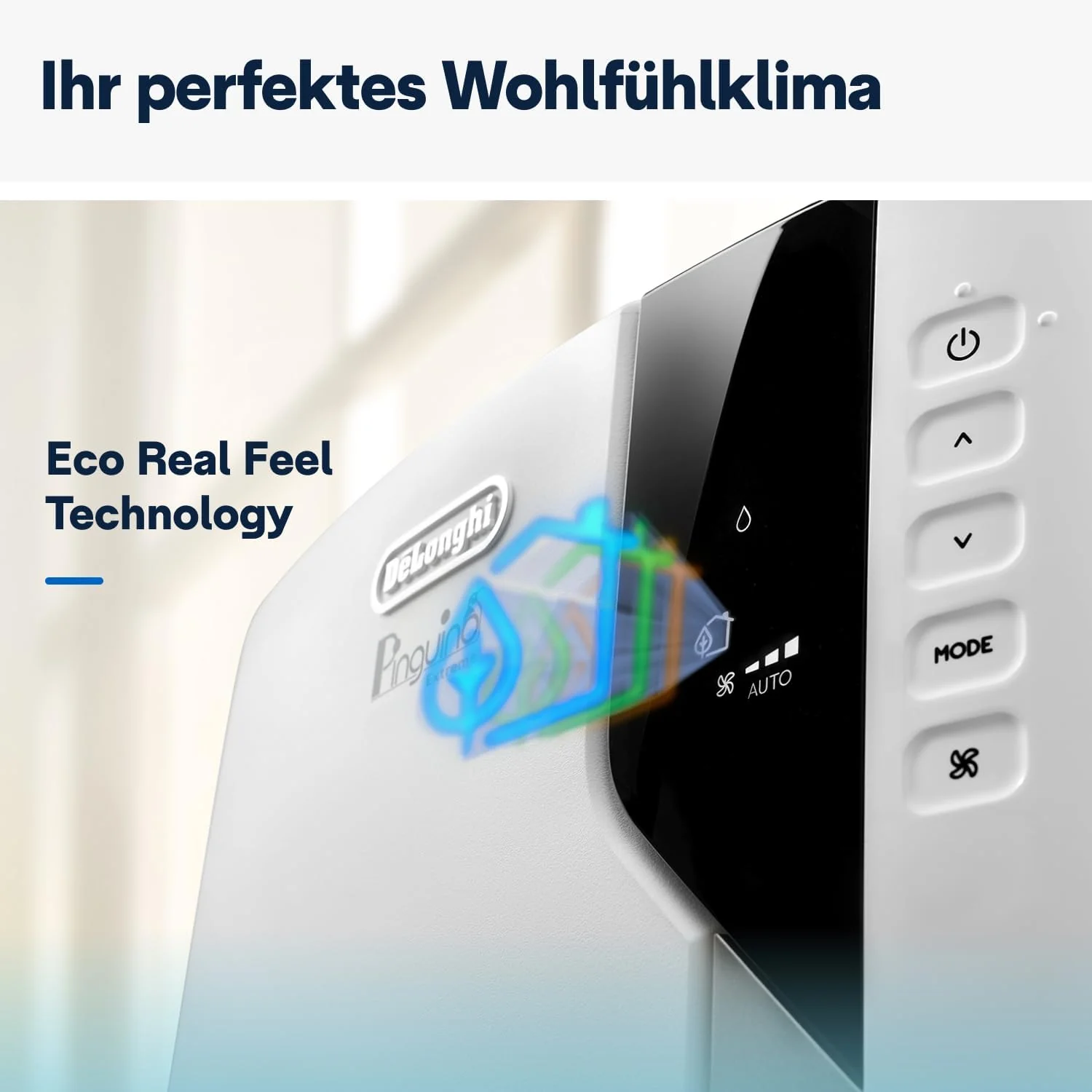 De'Longhi Pinguino PAC EM82, Condizionatore Portatile per ambienti fino a 80 m³, 9.400 BTU, 2,4 kW, 63 dB, Funzione Deumidificatore, Classe Energetica A, Timer 24h, Bianco