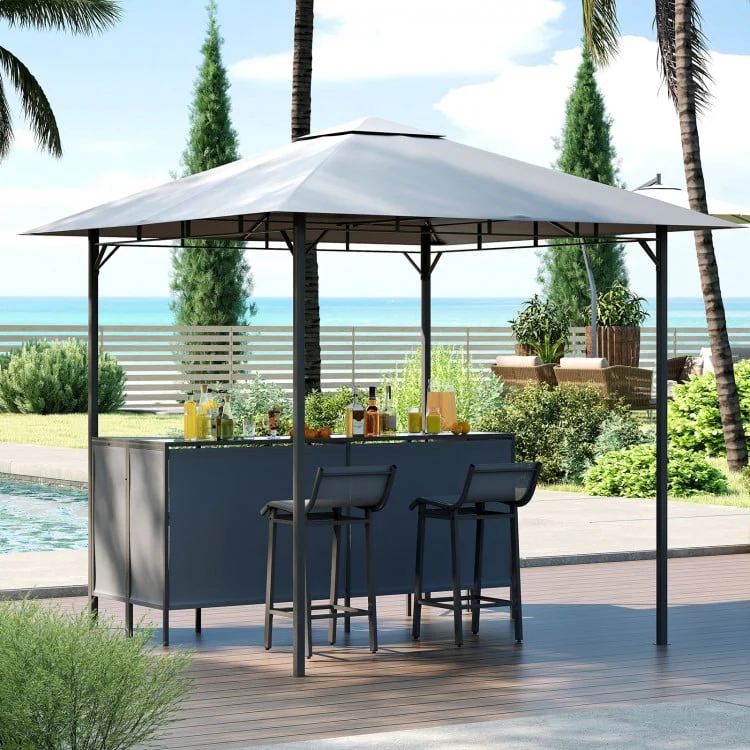 3 részes teraszbár szett 8 x 8 lábas kétszintes grill pavilon 2 bárszékkel