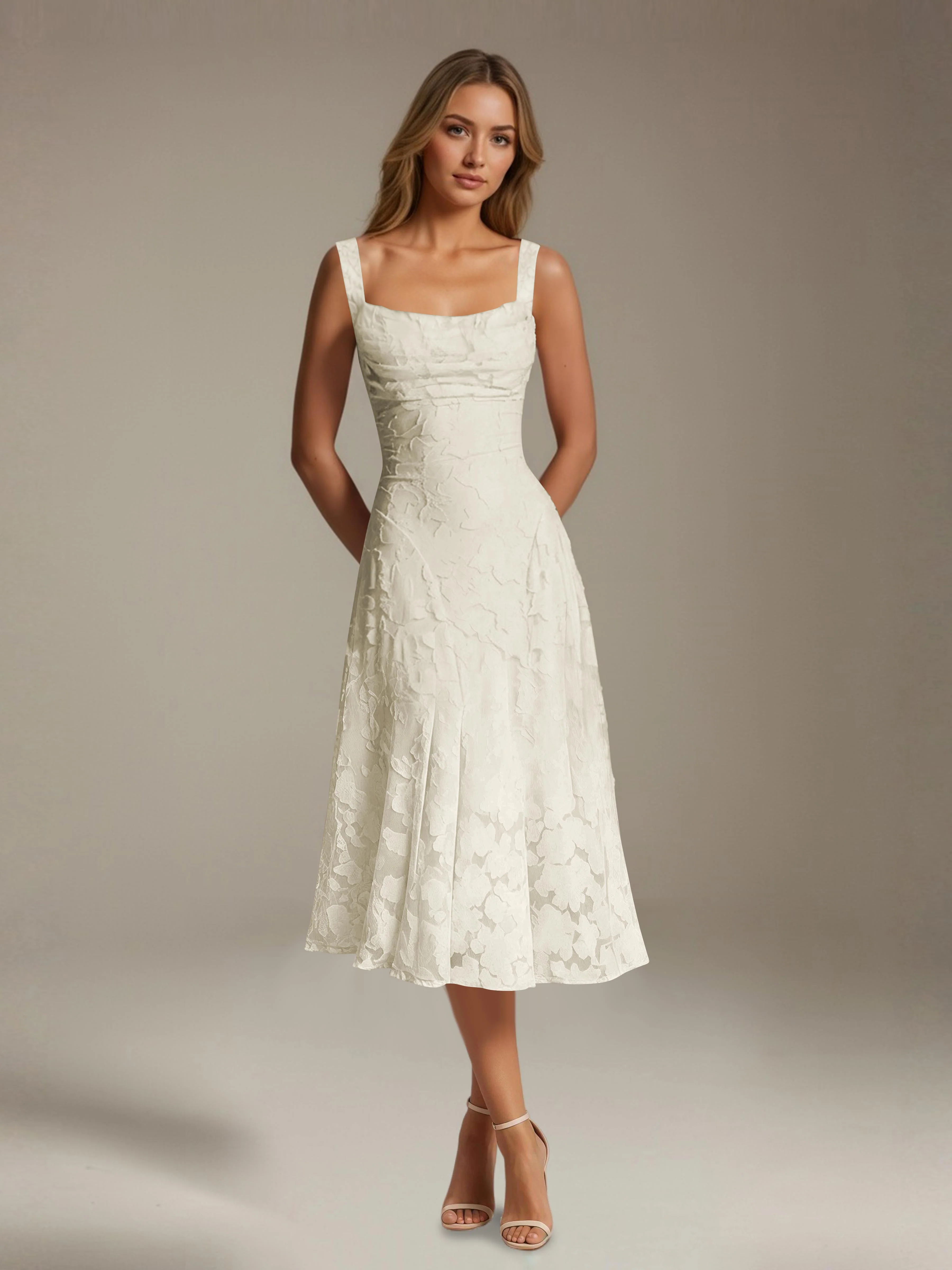 Womena??s Floral Lace Tea-Length Dress Square Neckline