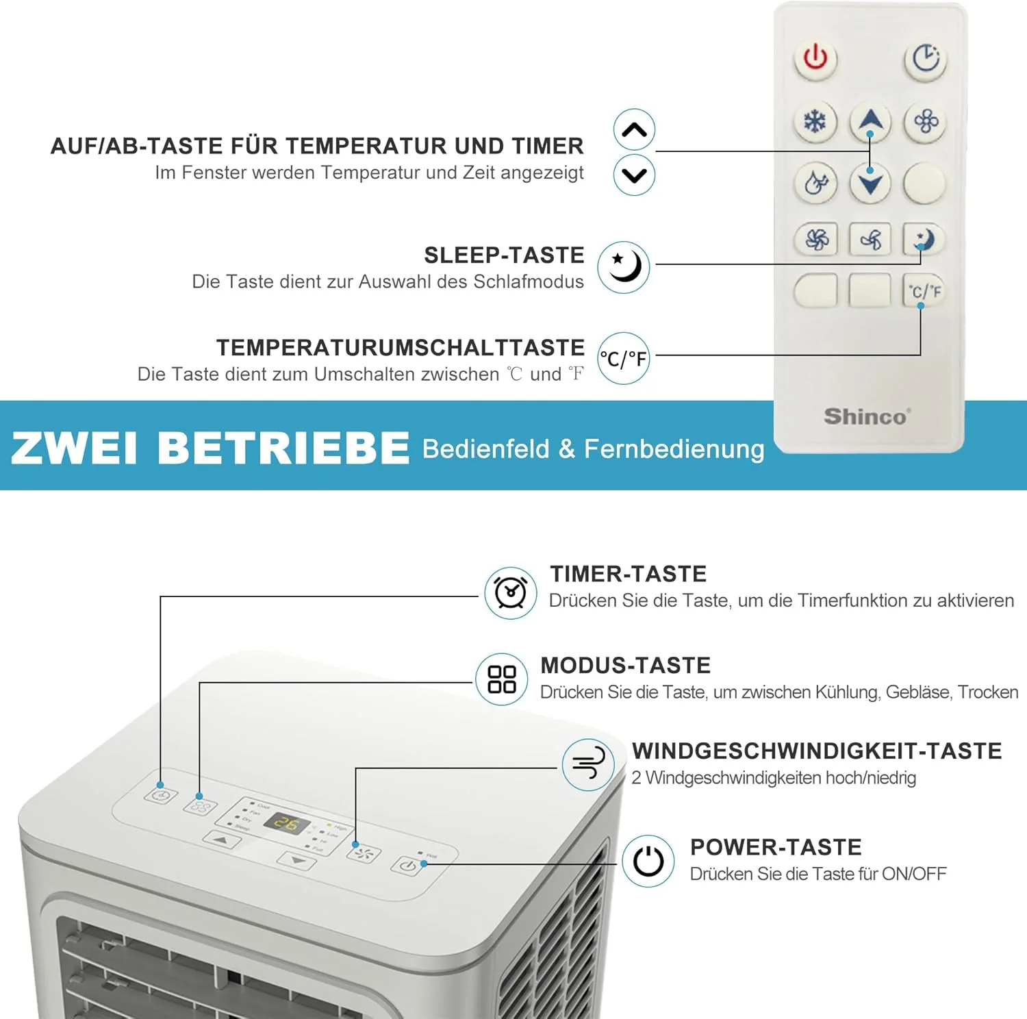 SHINCO Mobile Klimaanlage mit Abluftschlauch, 9000BTU, 2,6 kW, Kühlen&Ventilieren&Entfeuchten, Mobiles Klimagert mit Schlafmodus, Raumgre bis 22㎡, 24-Stunden-Timer
