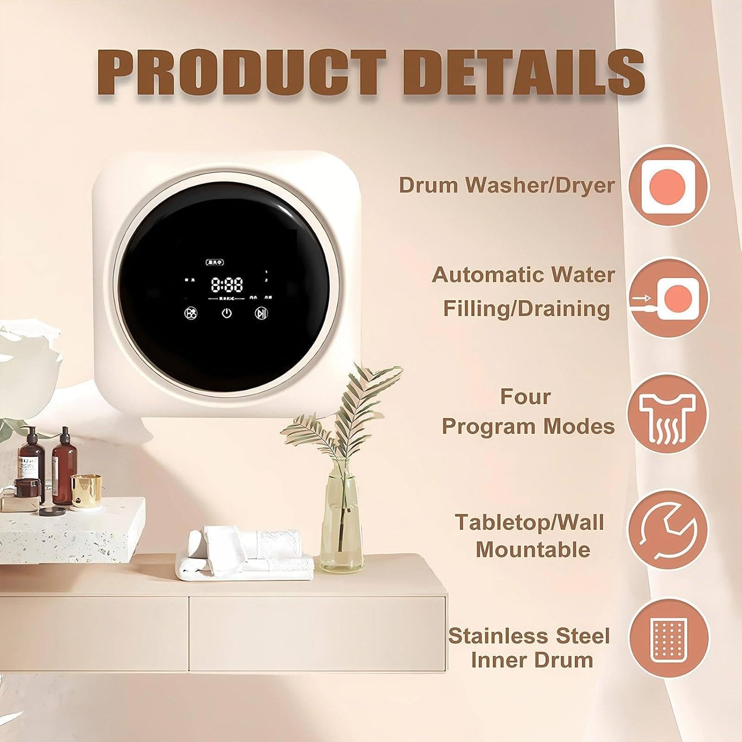 Vollautomatische Mini-Waschmaschine mit integriertem Wäschetrockner, Konstante Temperatur von 60 °C, Ideal für Reisen, Apartments, Studentenwohnheime, Hotels, Wohnungen und Mehr. WallMount