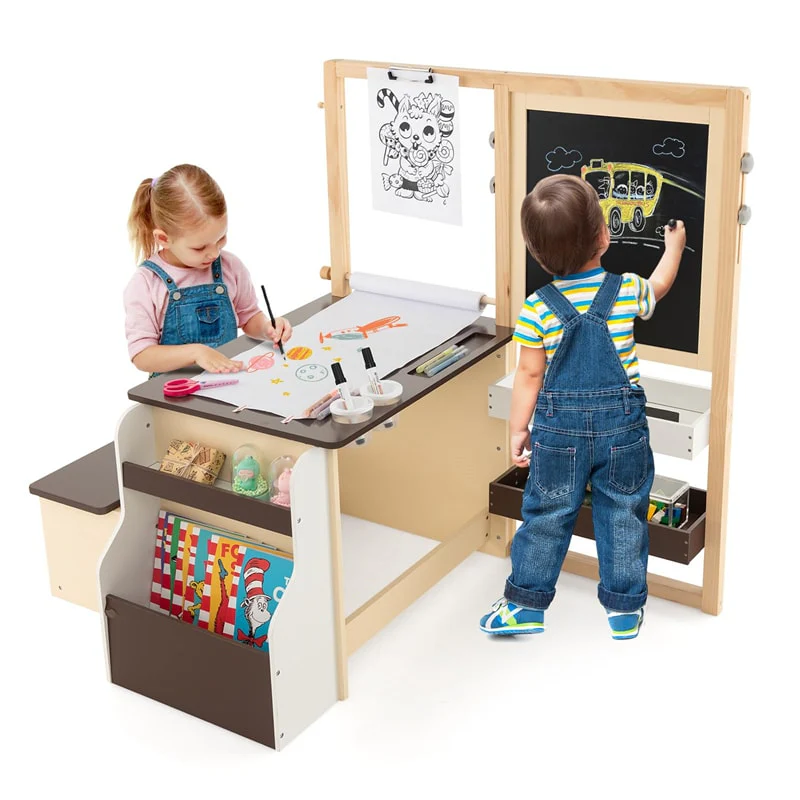 Kids Wooden Art Center Easel with Adjustable Double-Sided Blackboard & Whiteboard, Paper Roll, Toddler Art Table & Chair Set with Storage