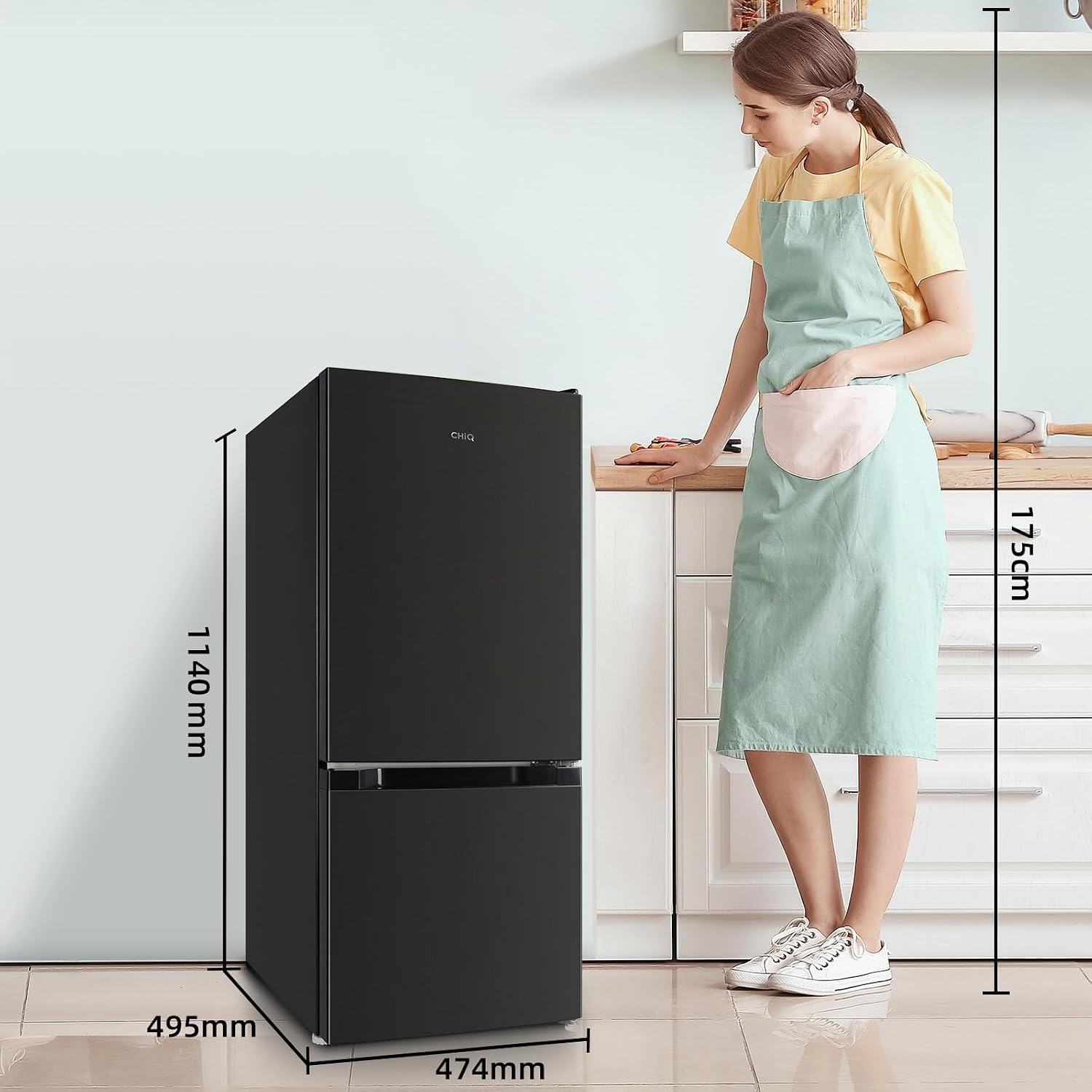 CHIQ Freistehender Kühlschrank mit Gefrierfach | Kühl-Gefrierkombination 114 cm Höhe, 47 cm Breit, 117L| 4 Sterne Gefrieren -24℃ | LED Litcht | Dunkler Edelstahl Look, for Eigentumswohnungen