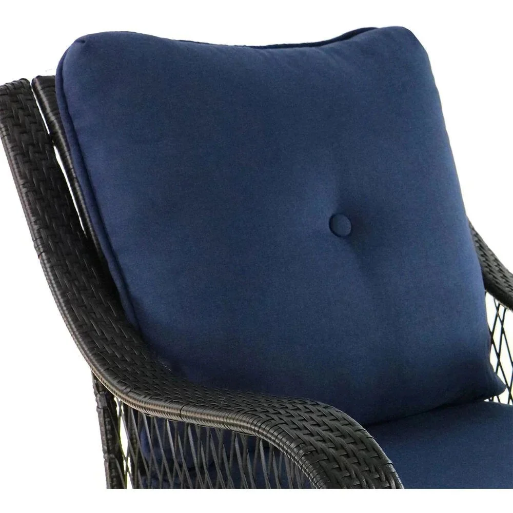 2025 5-piece steel patio fire pit seating set with navy blue cushions, swivel gliders and square fire pit table