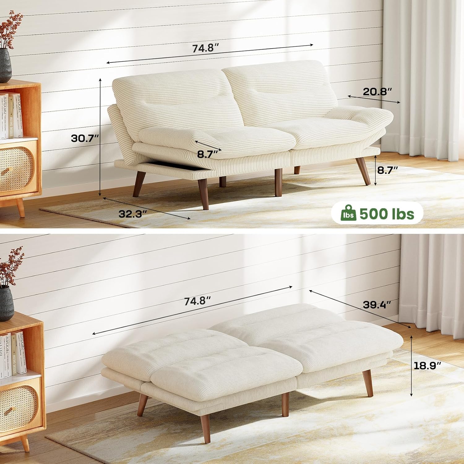 Futon Sofa Bed Futon Sofa with Adjustable Back and Armrests Converts to Small Sleeper Sofa Bed