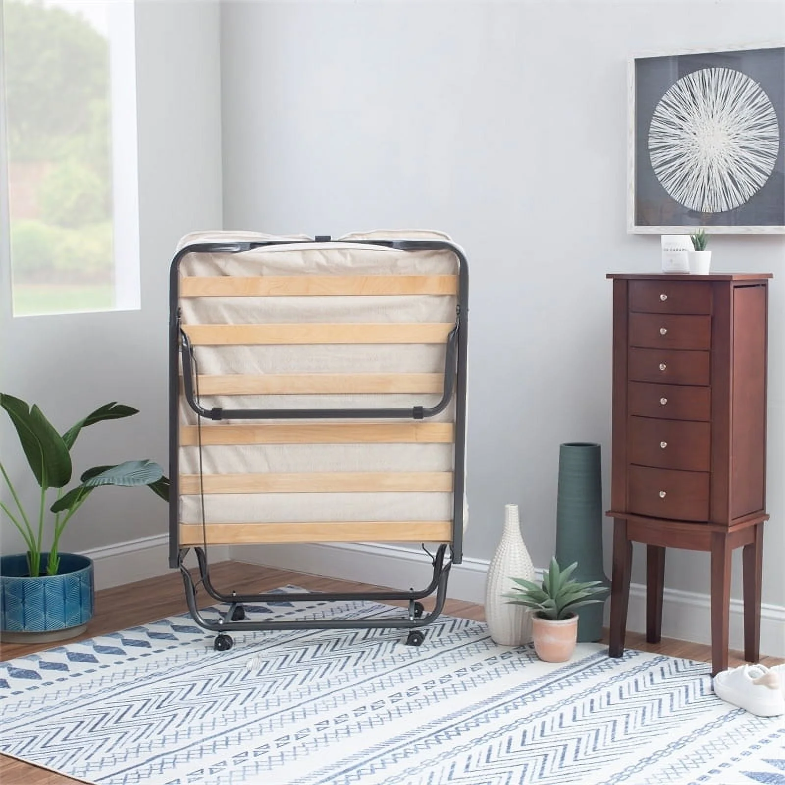 Riverbay Furniture Metal Folding Bed with Memory Foam Mattress in Beige