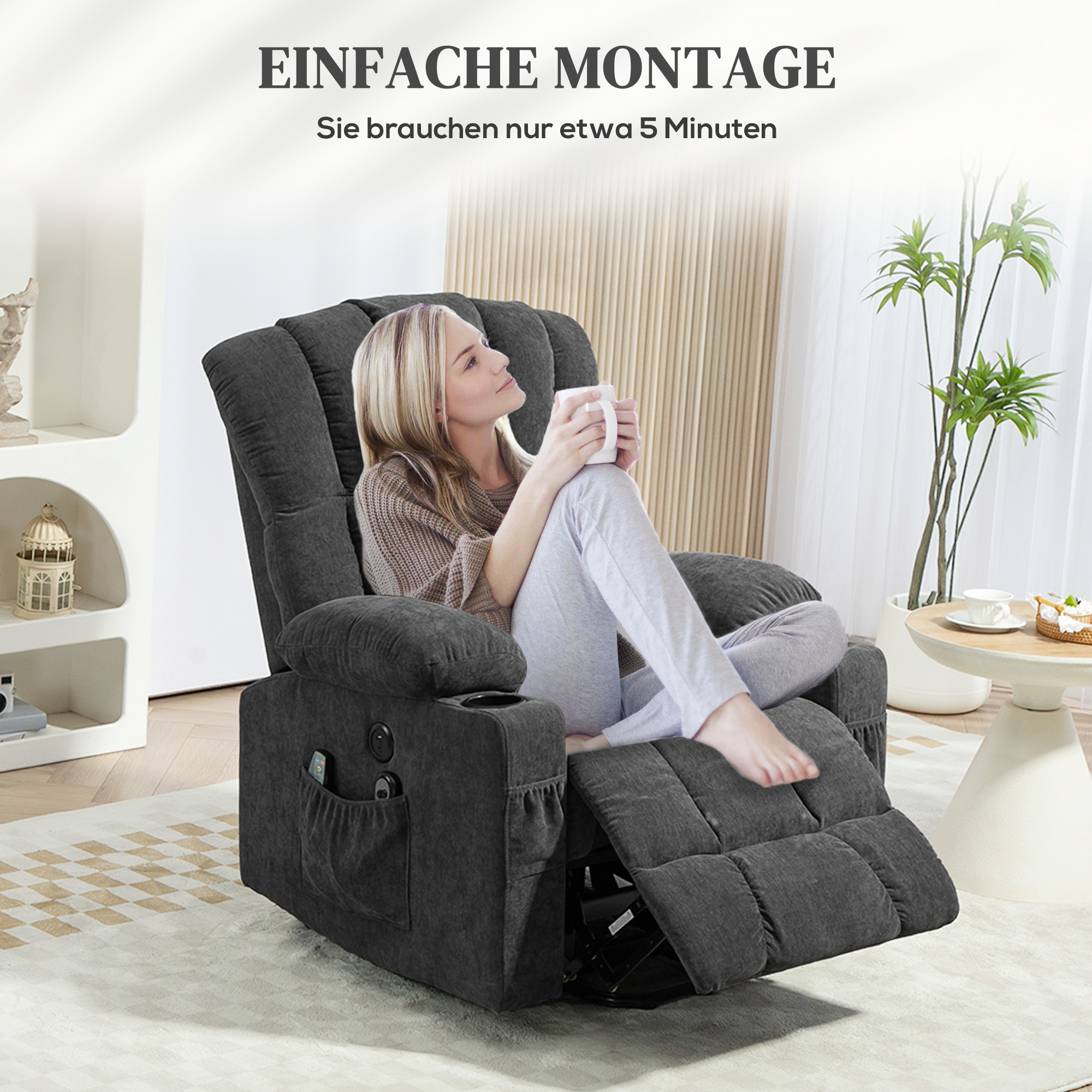 HOMCOM Elektrische Power Lift Sta-op-Stoel met Massage- en Verwarmingsfunctie, USB-Aansluitingen, Bekerhouders, Donkergrijs