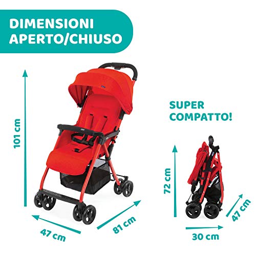 Chicco OHlalà 3 Passeggino Ultraleggero da 0 Mesi a 15 kg, Passeggino Reclinabile e Pieghevole con Cestello Capiente, Chiusura Compatta, Parapioggia e Cappottina Estendibile   Rosso : Prima infanzia