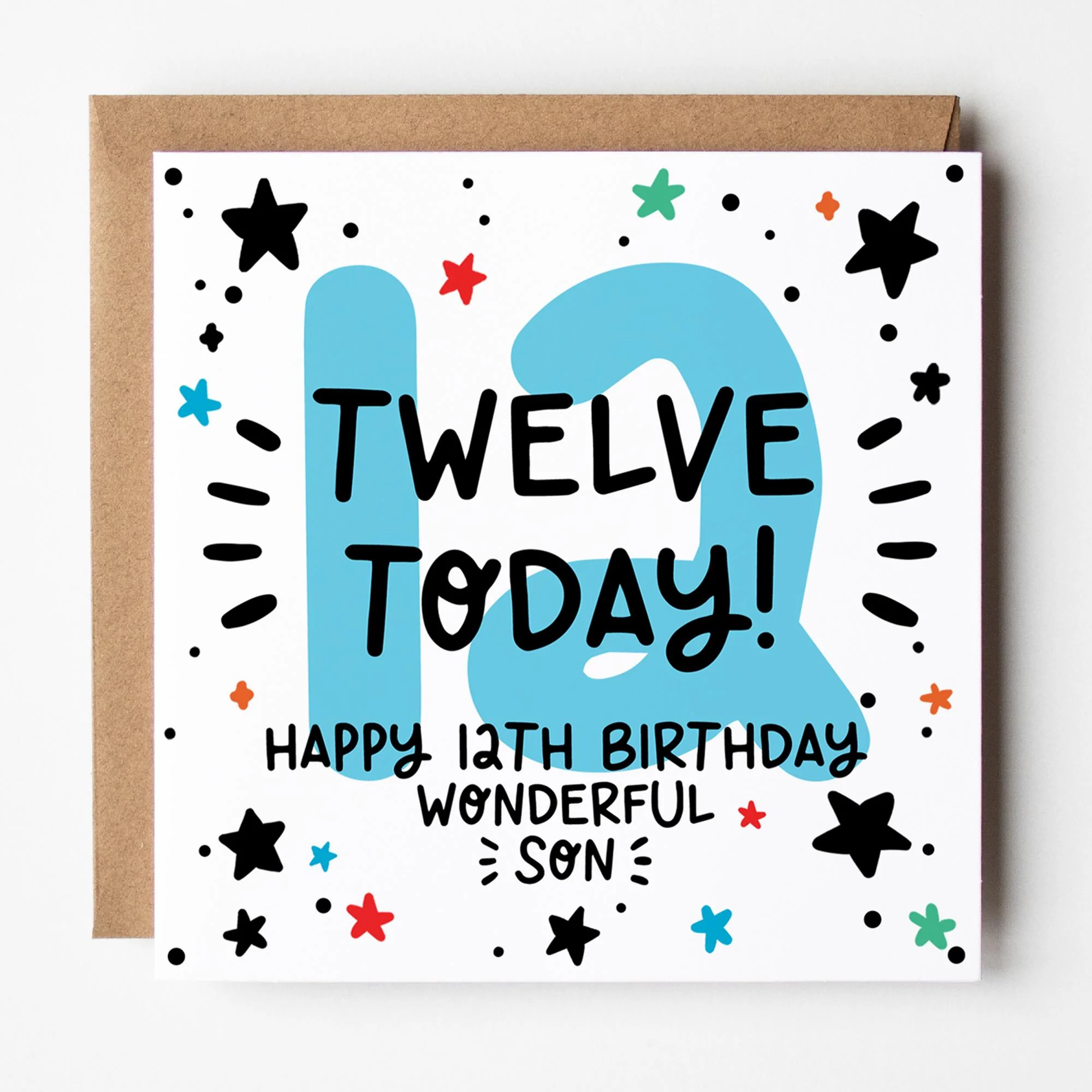 Son 12th Birthday Card; Blue 12, Twelve Today with Stars and Kraft Envelope