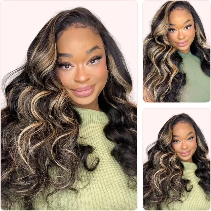 4c Edges Hairline 1B/27 Highlight Body Wave Human Hair Lace Wig Kinky Culry Edges HD Lace Front Wig
