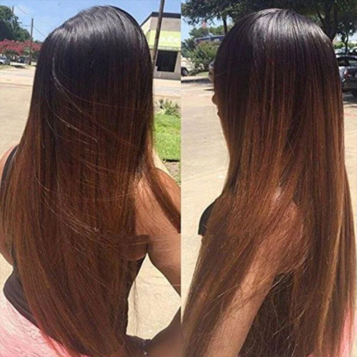 Pre-Bleached Black And Rich Brown Ombre Color Pre Cut Lace Wig 8x5 Glueless Human Hair Wig