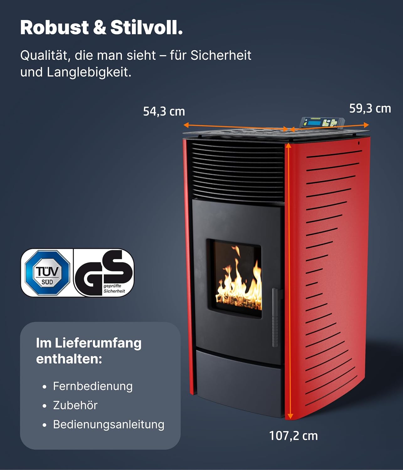 NEMAXX® P12 Pelletofen 13,6 kW A+ bis 300 m³ – Auto-Reinigungszyklus, ECO-Modus, Wochenprogramm & mechanische Reinigungsunterstützung – Rot