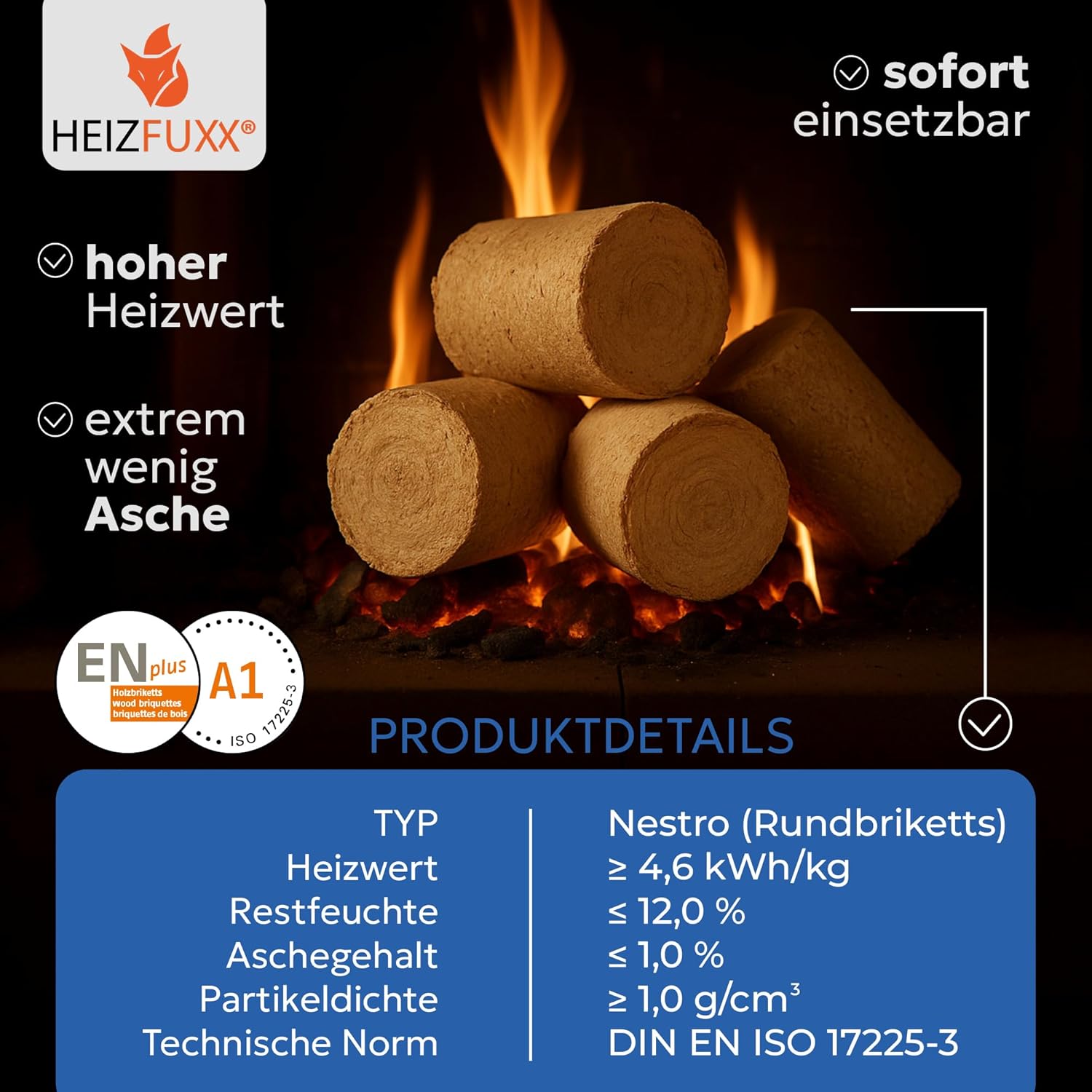 Holzbriketts Nestro XL Blue - Weichholzbriketts Palette 960 kg (96x10 kg) - Premium Briketts für Kamin, Heizkessel & Ofen - Hoher Heizwert, geringer Aschegehalt & maximale Energieausbeute
