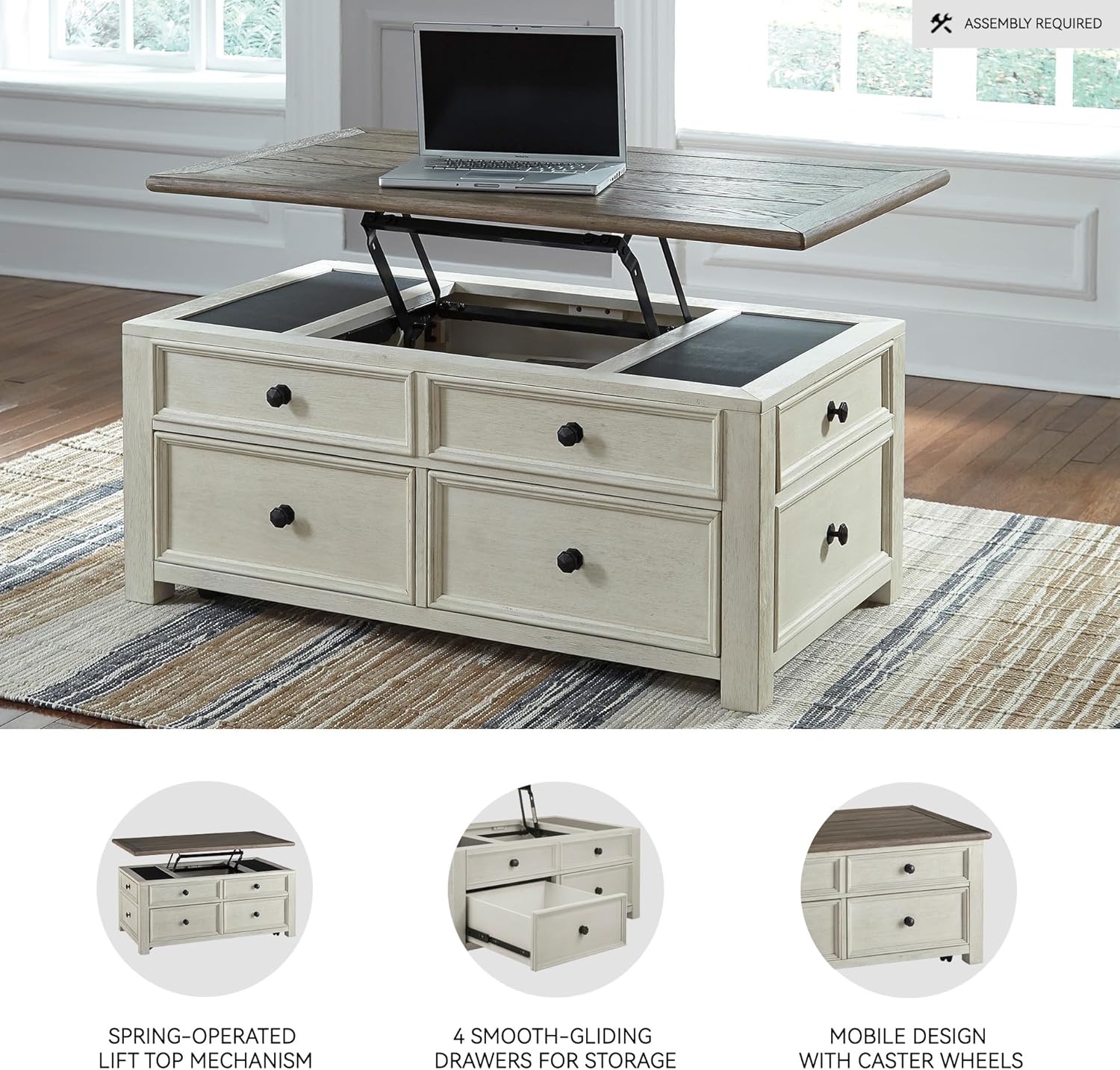 Ashley Bolanburg Lift Top Coffee Table with Drawers, Antique Cream & Brown