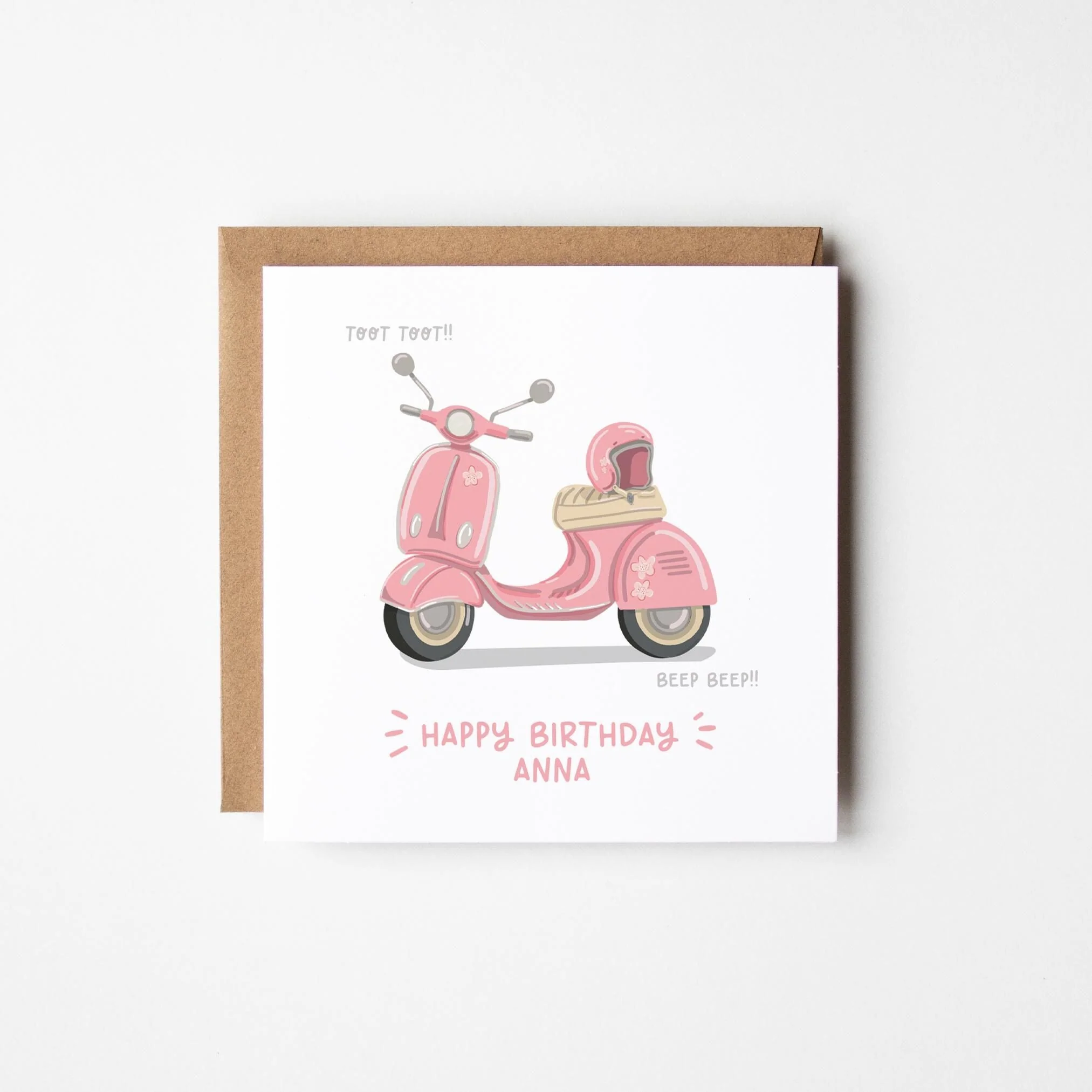 Scooter Birthday Card ? Personalised Birthday Card with Pink Scooter ? Personalised Birthday Card with Pink Vespa for Girls