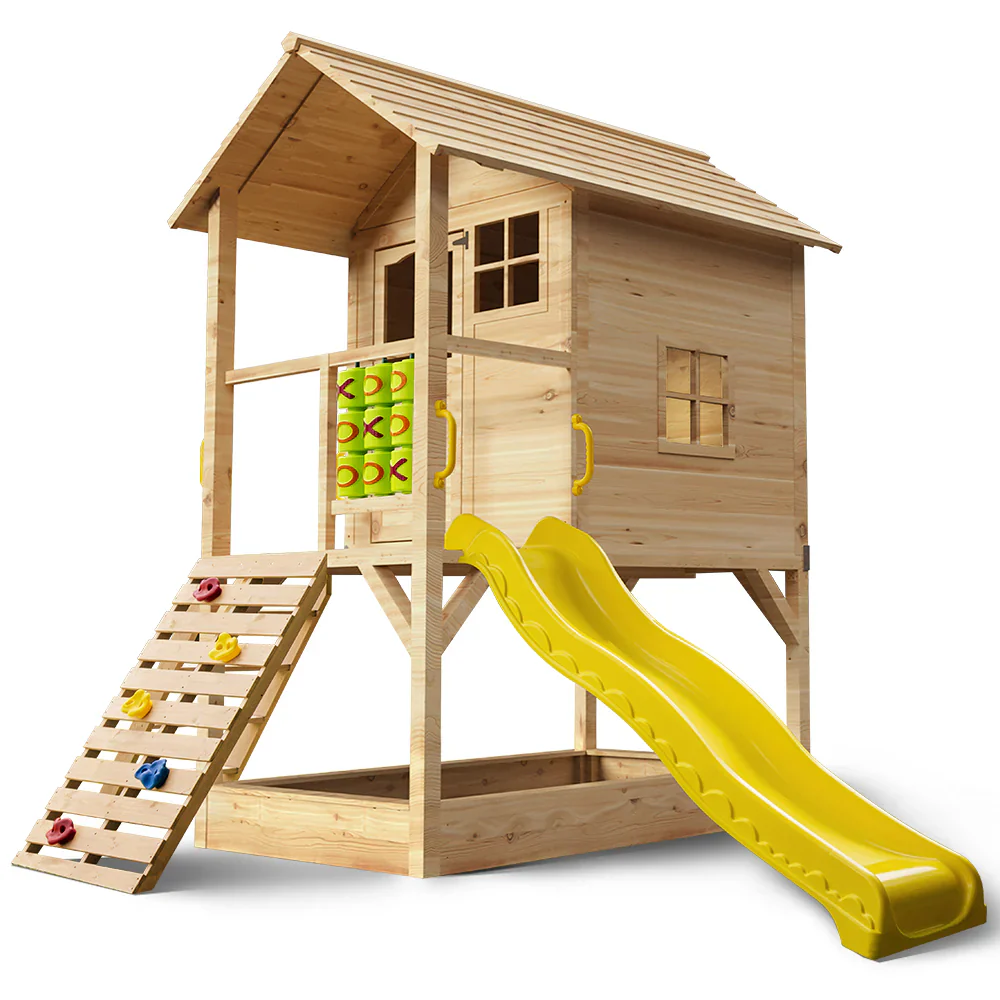 ROVO KIDS fa torony játszóház csúszdával, homokozóval, mászófallal, amőbával, natúr színben