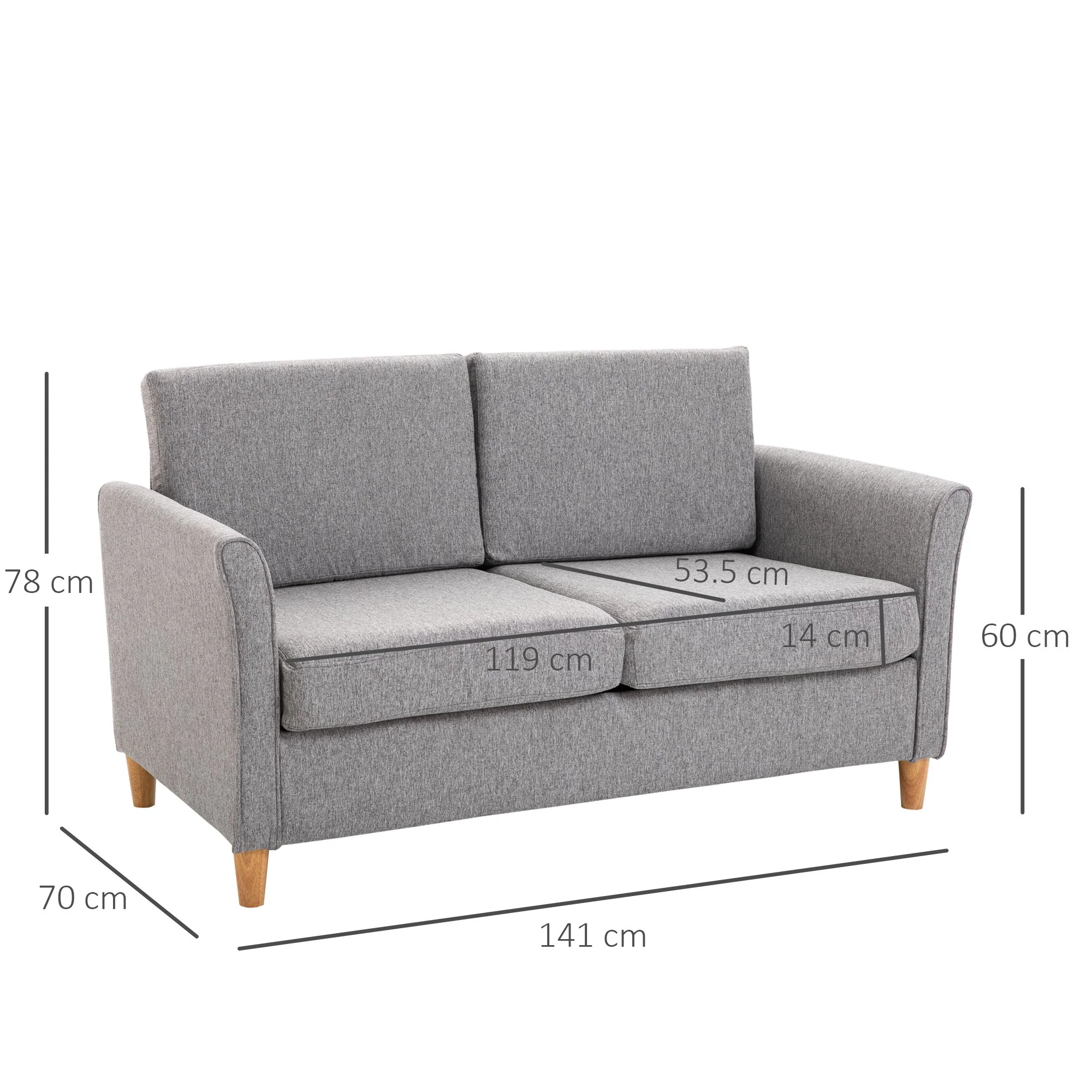 Divano 2 Posti 65x141x78 cm in Legno e Tessuto Lino  Grigio