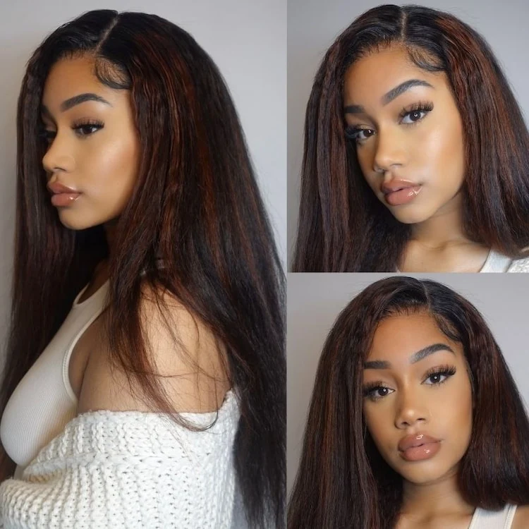 Clearance Highlight Yaki Straight Human Hair Wig Pre Bleached Tiny Knots Glueless HD Lace Front Wig