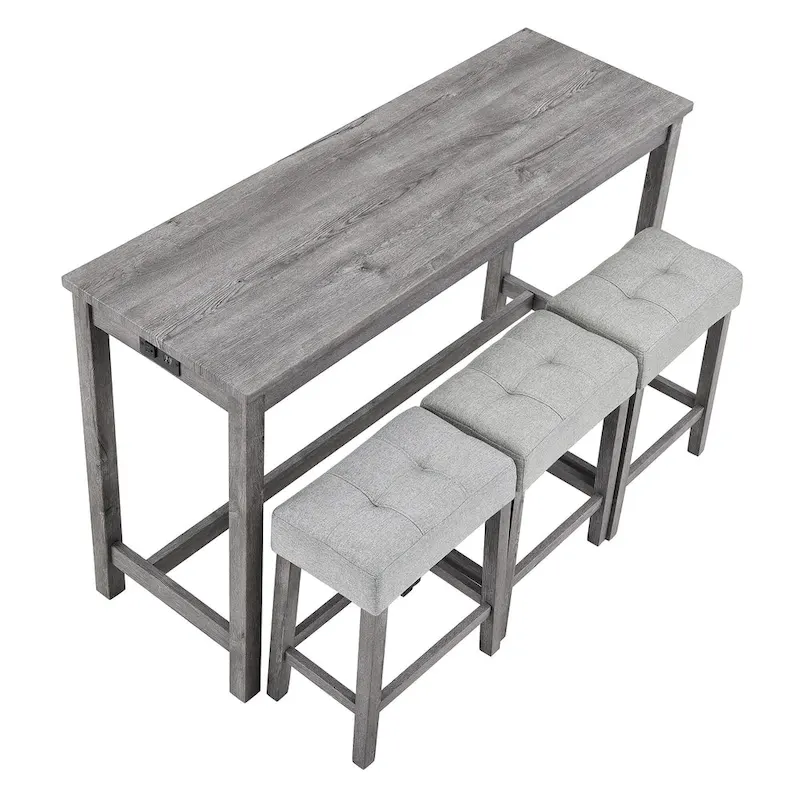 Bar Dining Table Set and 3 Bar Stools with Power Outlet Kitchen Breakfast Nook Wooden Dining Table Chairs Sets