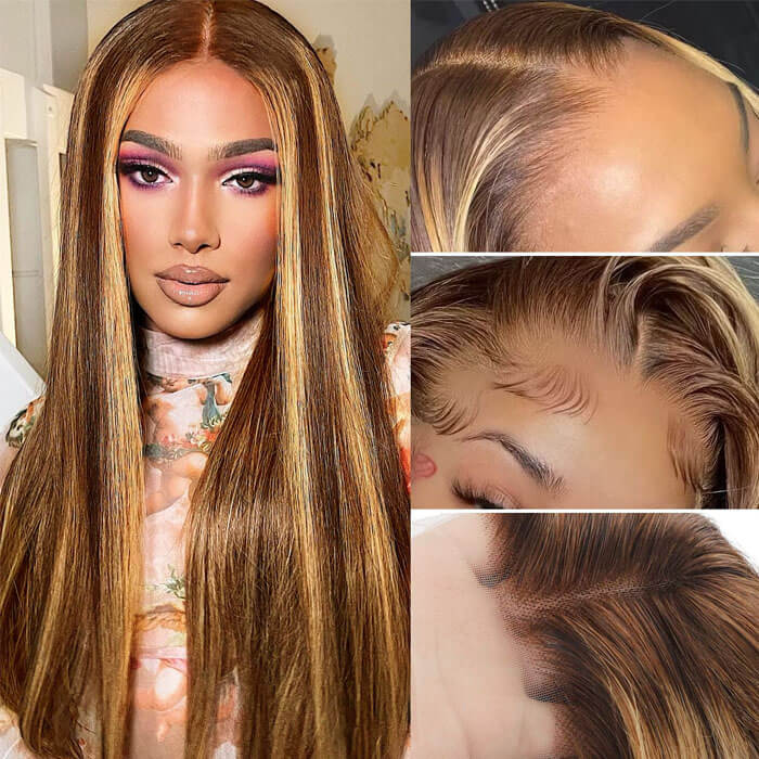 13X6 HD Lace Put On & Go Honey Blonde Highlight Straight Wigs Trendy Colored Glueless Human Hair Lace Wig