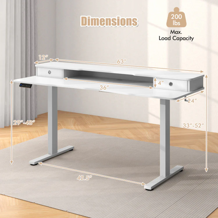 Electric Standing Desk with 2 Drawers, 3 Memory Positions, 63