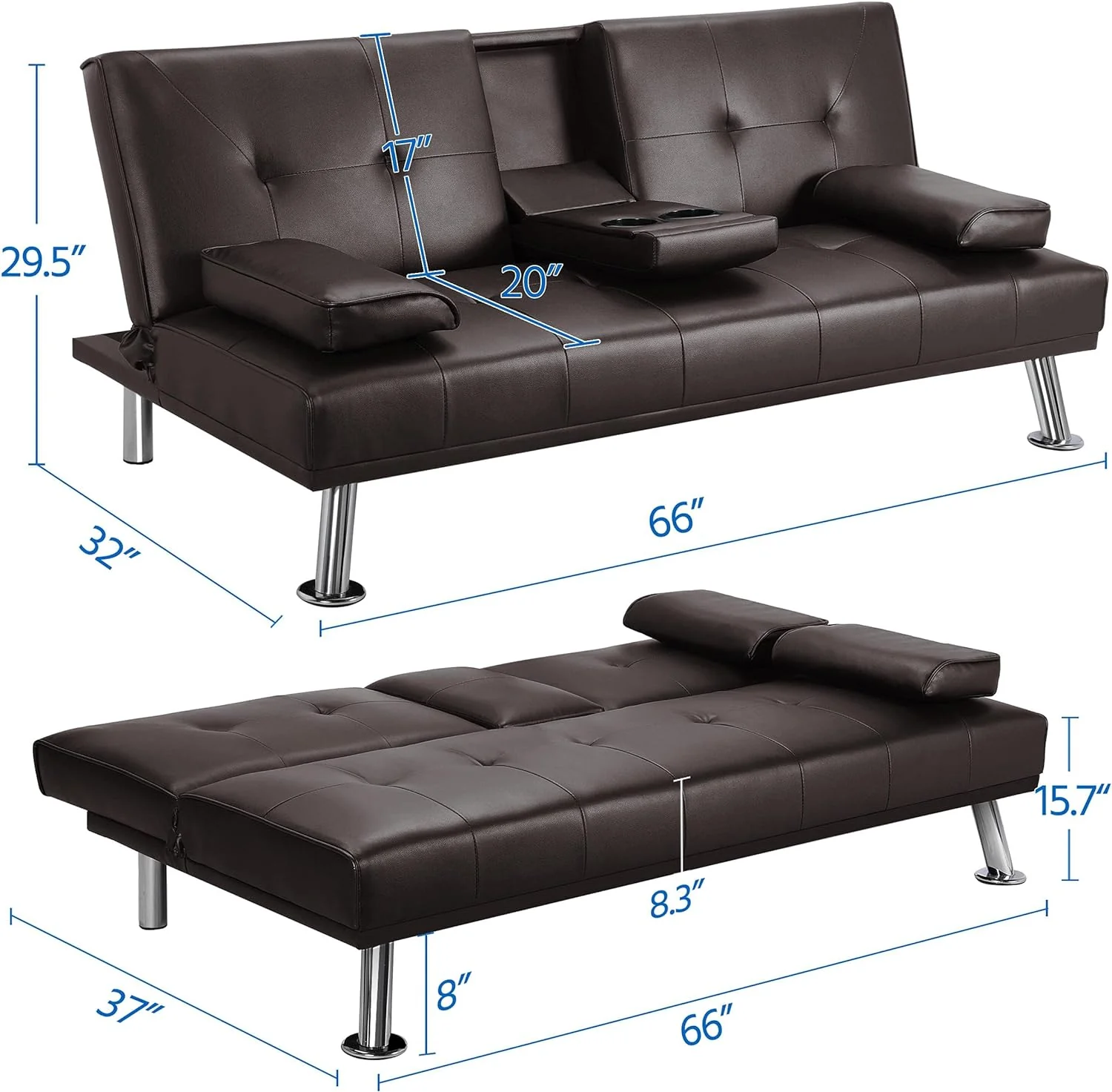 Yaheetech Convertible Sofa Bed Adjustable Couch Sleeper Modern Faux Leather Home Recliner Reversible Loveseat Folding Daybed Guest Bed, Removable Armrests, Cup Holders, 3 Angles, 772lb Capacity, Black
