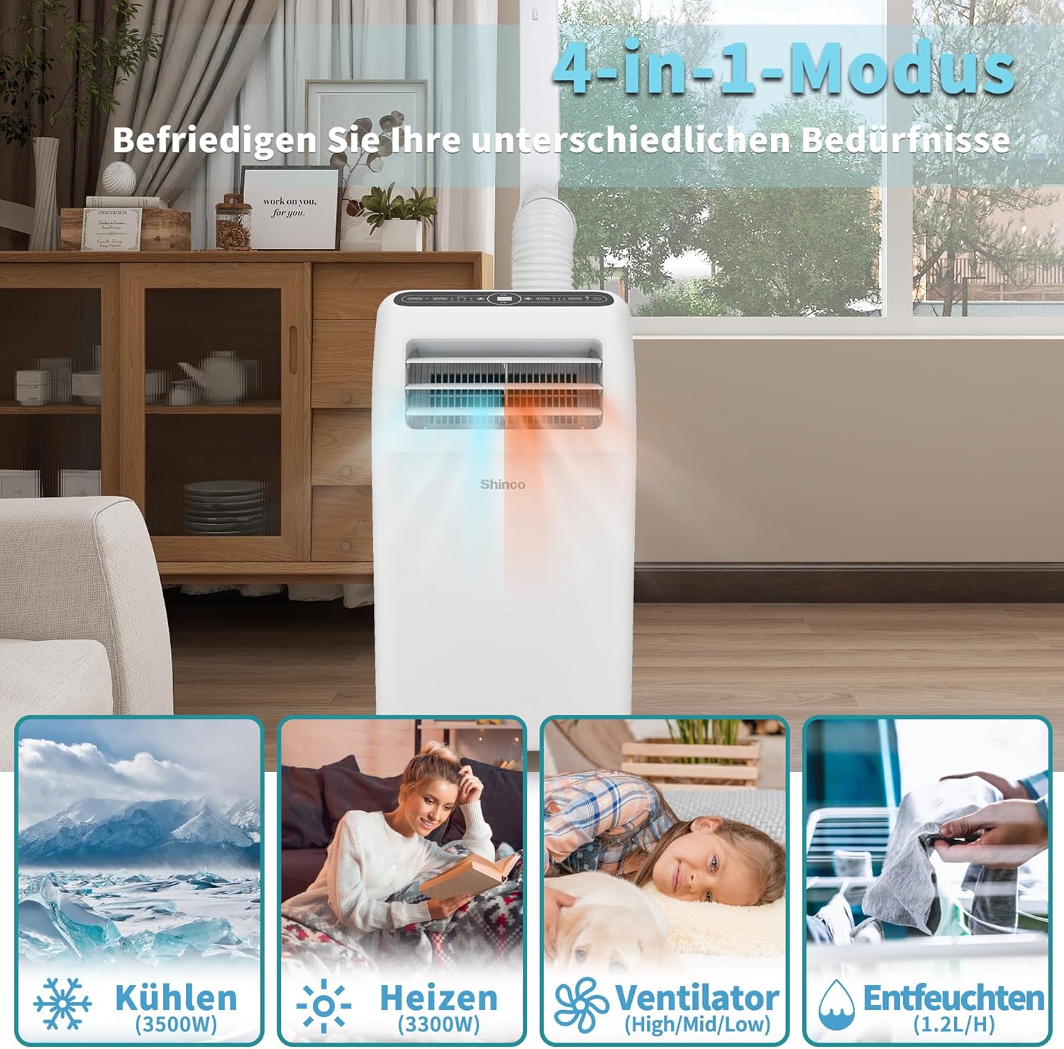 SHINCO Mobile Klimaanlage mit Abluftschlauch, 12000BTU, Kühlung&Heizung&Ventilieren&Entfeuchten, Mobiles Klimagerät mit Fenstermontage-Kit, 24H-Timer, APP, für Räume von etwa 90m³, Weiß