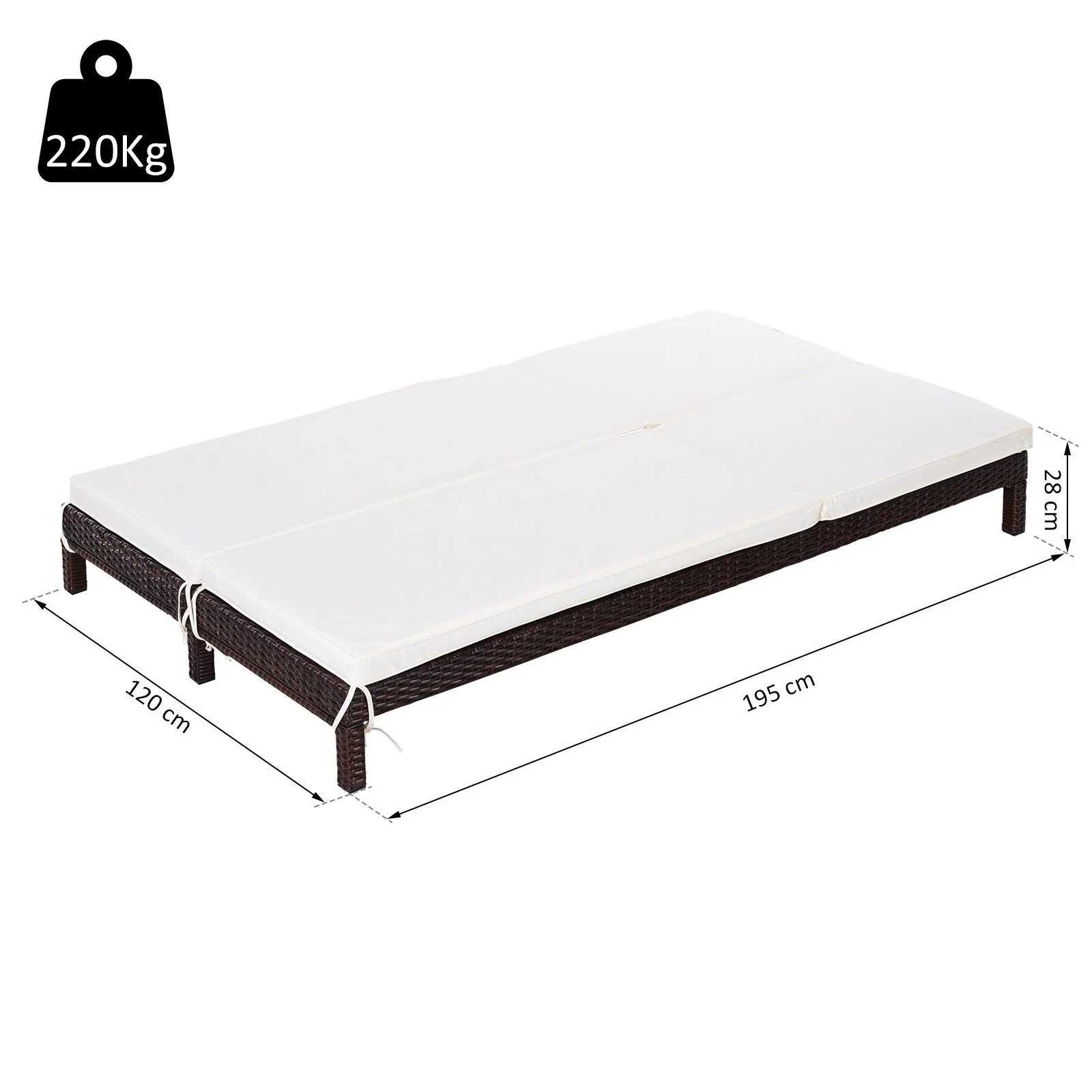 Easycomfort Lettino Prendisole a 2 Posti, Sdraio in Acciaio e Rattan, Schienale Regolabile, 196 x 120 x 28cm Marrone e Bianco Crema