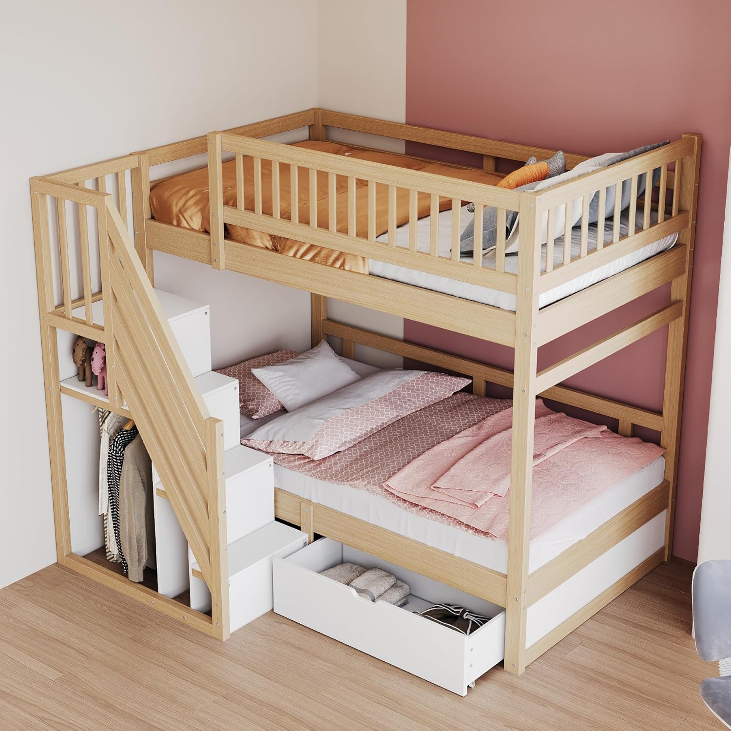 Letto a castello, 90 x 200 cm, in legno massiccio, con rete a doghe, scala di sicurezza con spazio di archiviazione, con griglia di sicurezza elevata, con cassetti, letto per ragazzi, colore
