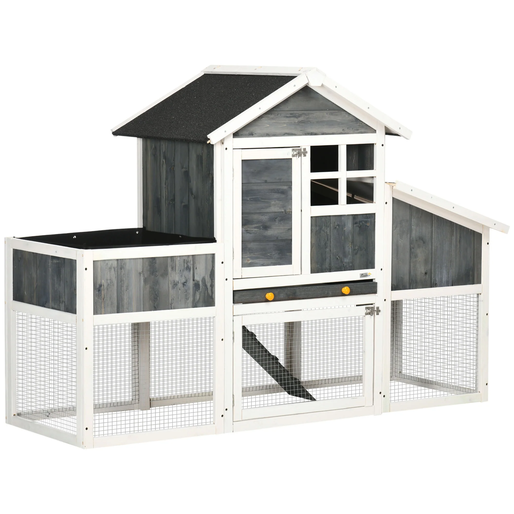 Easycomfort Pollaio Prefabbricato in Legno con Area Aperta, Casetta e Nido, 161.5x62.5x115cm, Grigio