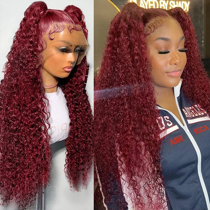 99J Colored Curly 13x4 13x6 HD Lace Frontal Real Human Hair Wigs Burgundy Glueless Human Hair Wig
