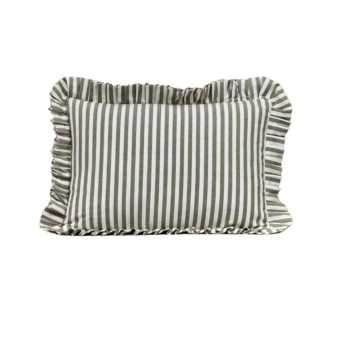 Ruffle Lumbar Pillow Cover Olive Green Stripes