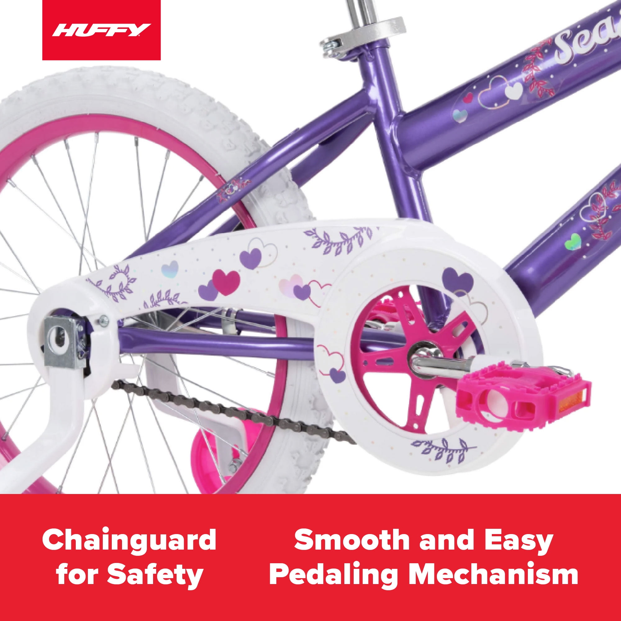 Huffy Sea Star 18′′ Kids Bicycle, Purple, Ages 4+, Training Wheels, Single-Speed