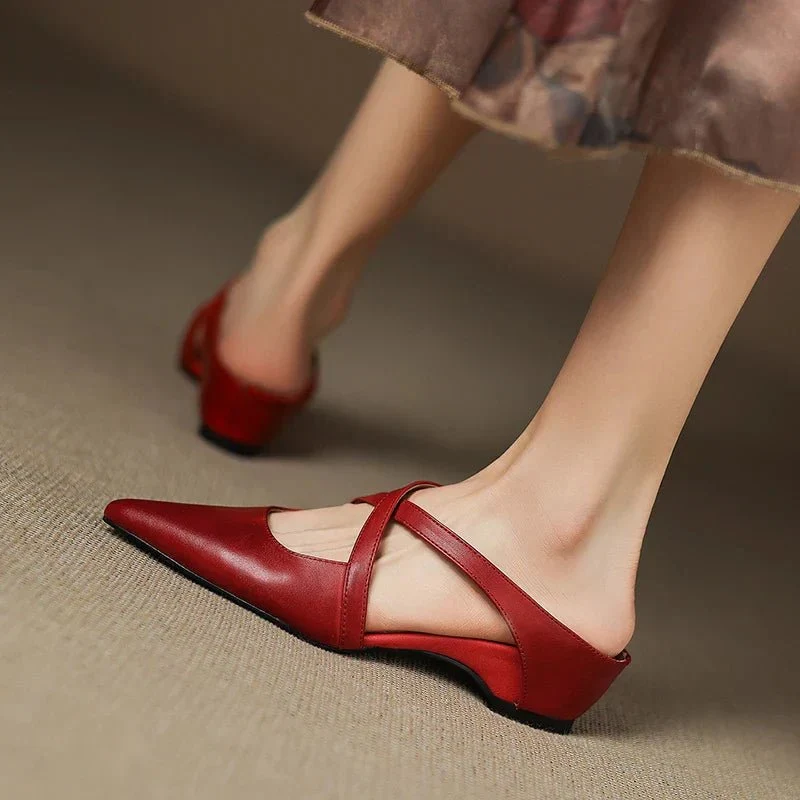 Women��s Leather Mules Pointed-Toe Cross-Strap Design with Low Heel