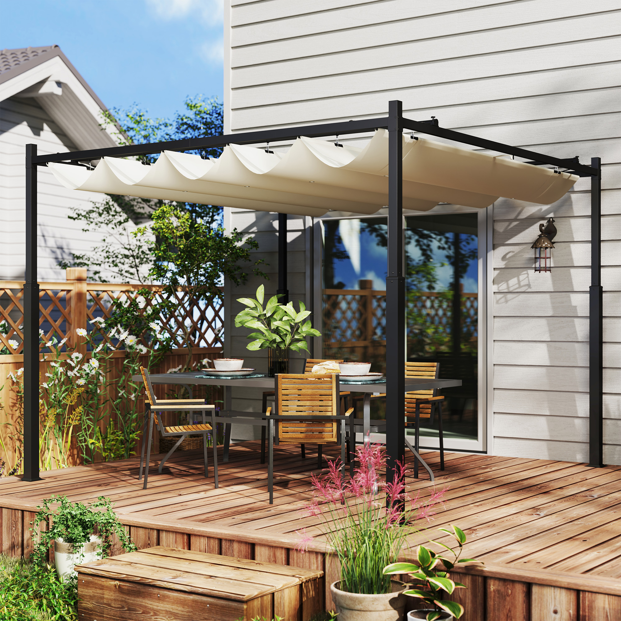 Outsunny Tuin Pergola, 3 x 3 m, Uitschuifbaar Dak en Magneetpad, Buiten Luifel, Tuinpaviljoen, UPF30+, Metaal, Crèmewit