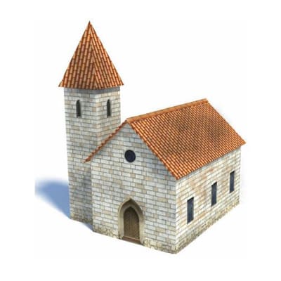 Church (red tile roof, tall front tower)
