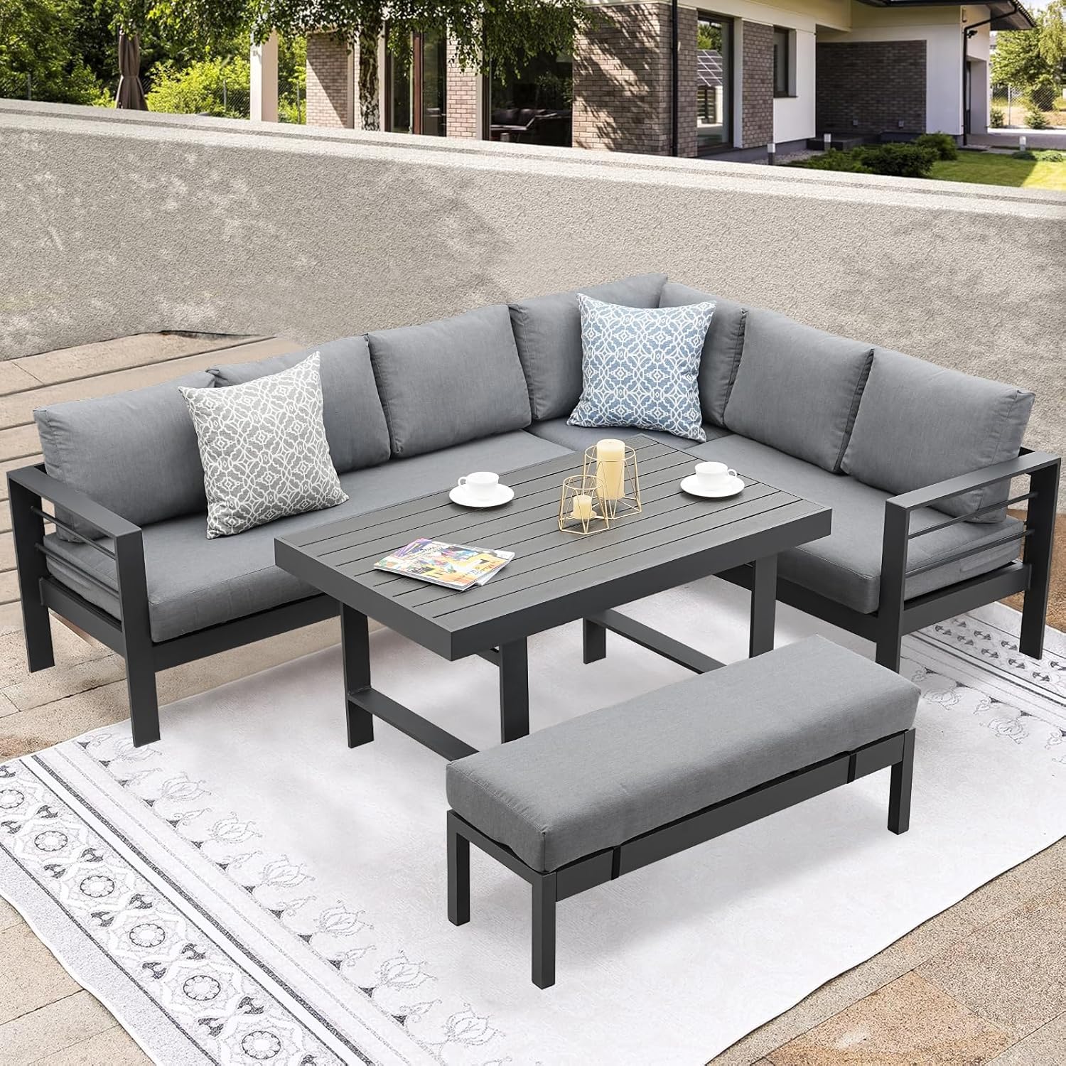 Atenza Aluminium Gartenlounge Set 6-8 Personen, Ecklounge Gartenmöbel-Set mit Ecksofa, Tisch und Sitzbank, Outdoor Lounge mit Sitz- und Rückenkissen für Garten, Terrasse, Balkon (Grau)