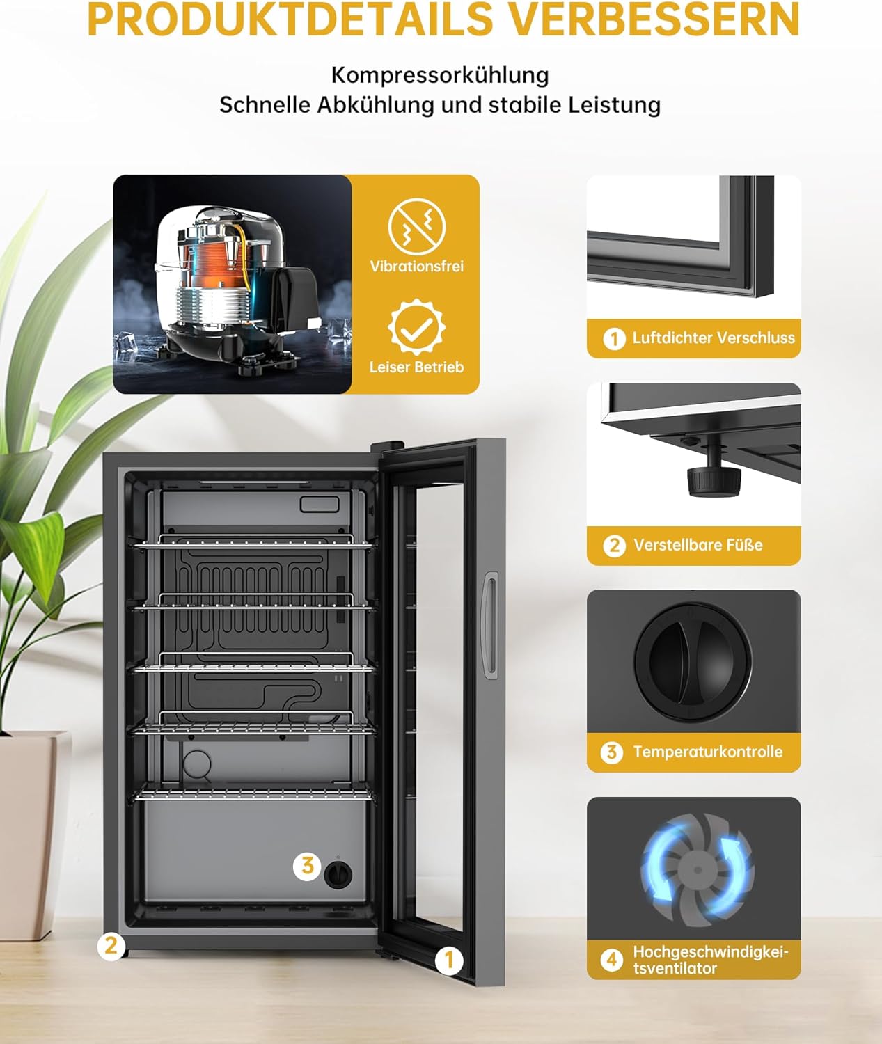 WIE Mini Kühlschrank Getränkekühlschrank 70 Liter mit Doppelte Glastür mit Verstellbaren Ablagen Indoor Outdoor Klein Bierkühlschrank Leise 105 Dosen für Soda/Bier/Wine für Zuhause/Küche/Bar/Büro