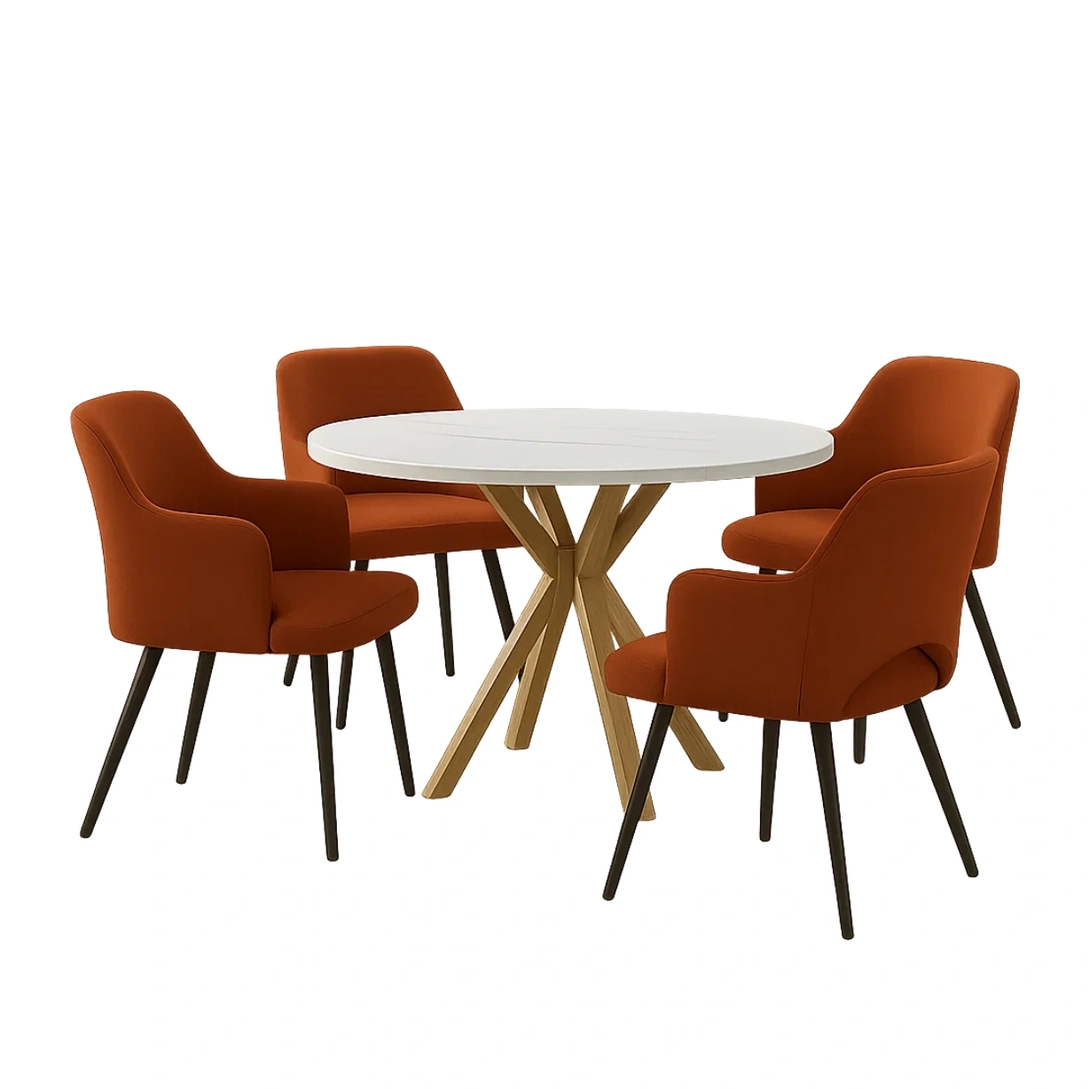 Spisest til 4 personer, tr og stof, hvid og brndt orange, rundt bord med krydsfod, fast struktur, borddiameter 100x75 cm, stol 55x58x85 cm, indendrs - OvbVBdAesGtM