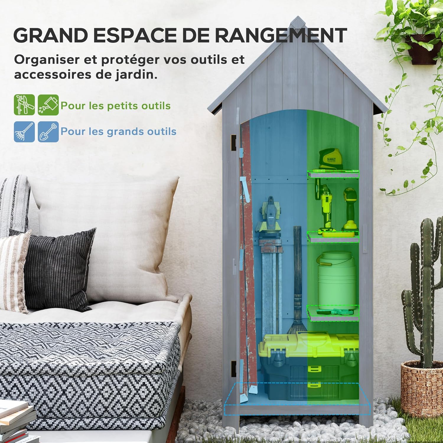 Outsunny Abri de Jardin en Bois cabane de Jardin Exterieur Armoire de Jardin avec Toit bitumé 3 étagères Porte avec loquet Rangement et Stockage extérieurs pour terrasse 77,5 x 54,2 x 179,5 cm Gris