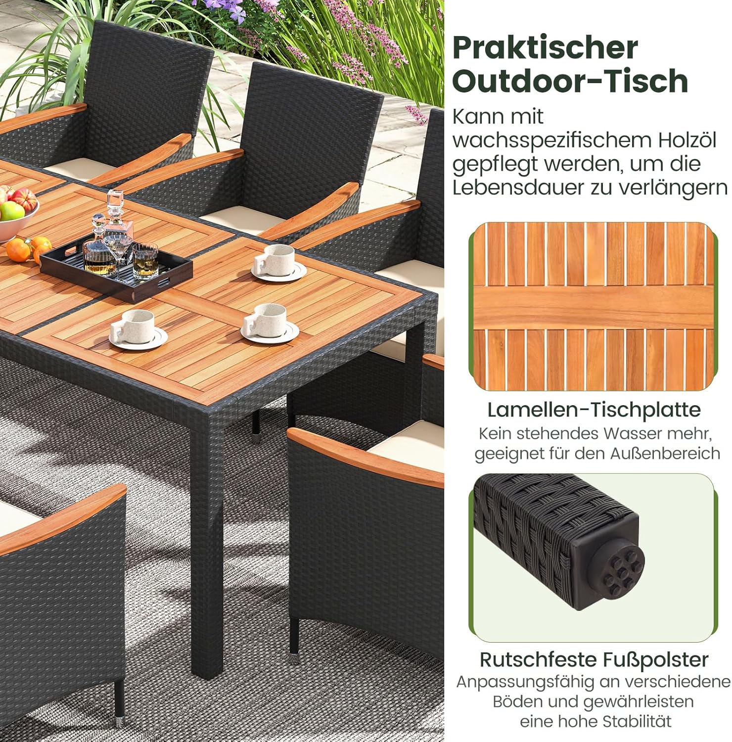 COSTWAY 9 TLG. Rattan Gartenmöbel Set, Sitzgruppe für 8 Personen, Gartentisch mit Tischplatte aus Akazienholz, 8 Stühle & Kissen, Terrassenmöbel Set, Gartengarnitur, Sitzgarnitur, Essgruppe