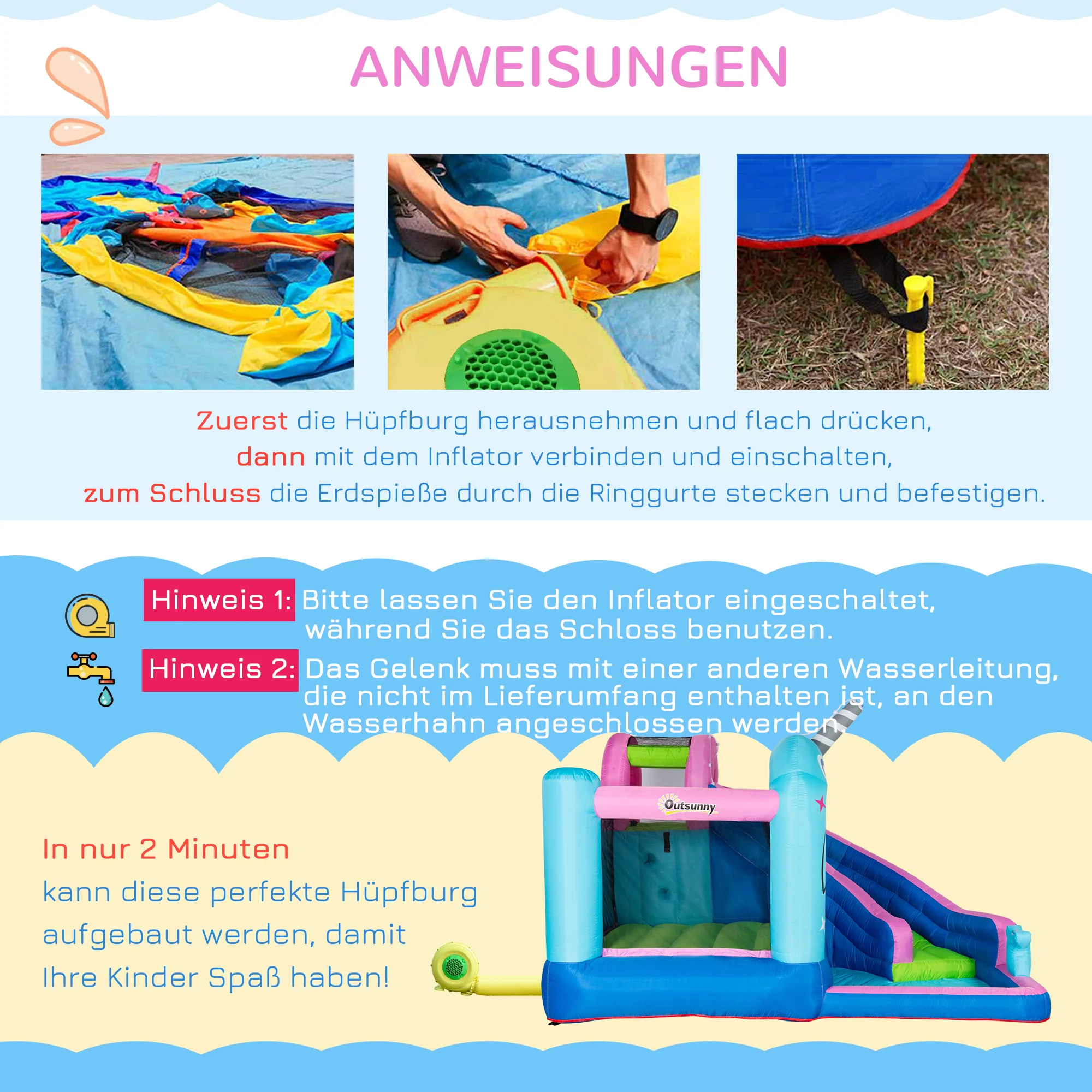 Outsunny opblaasbaar springkasteel met glijbaan, springkussen, waterbassin, waterstralen, 330 x 280 x 200 cm