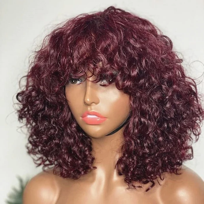 Clearance Glueless Curly Human Hair Wig With Bangs Machine Made Wig 1 By 2.75 Inches Top Lace