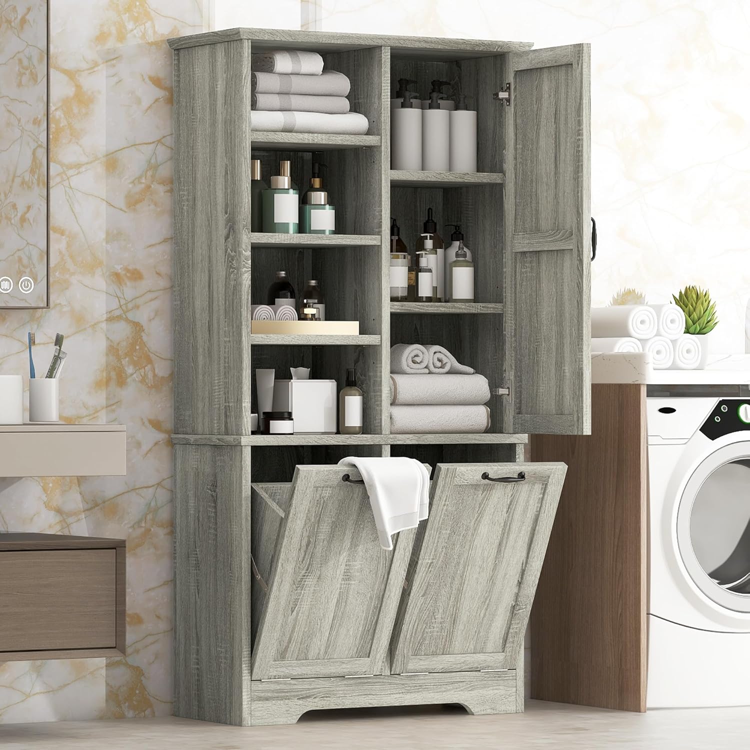 Merax Tall Storage Cabinet with Door and Shelves, Bathroom Storage with 2 Tip-Out Laundry Hamper and Adjustable Shelf, Oak