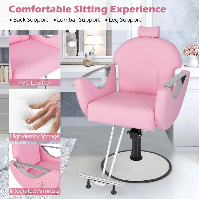 Reclining Barber Chair, 360° Swivel Salon Chair with Heavy Duty Hydraulic Pump, Adjustable Height & Headrest for Hair Styling, Makeup, Tattoo